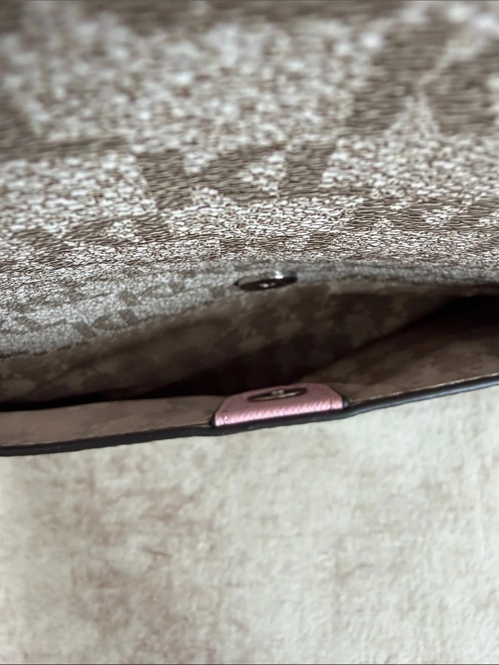 Karl Lagerfeld Paris Beige Monogram Adele Tote with Pink Coin Pouch